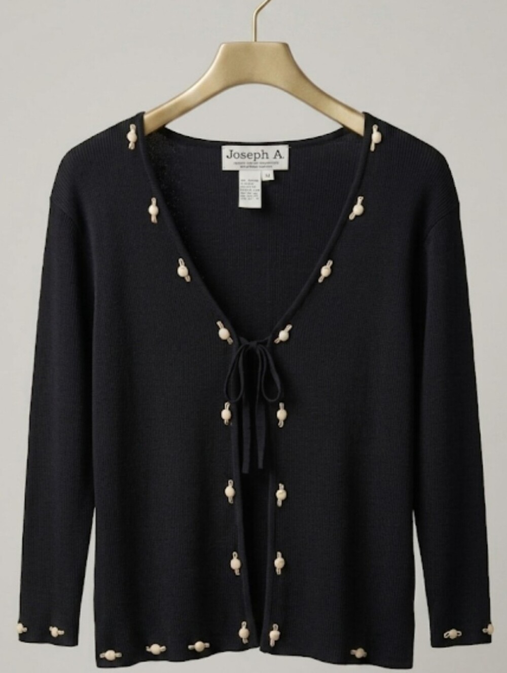 Vintage Joseph A. Black Silk Knit Cardigan Embroidered Rose Buds Tie Front M